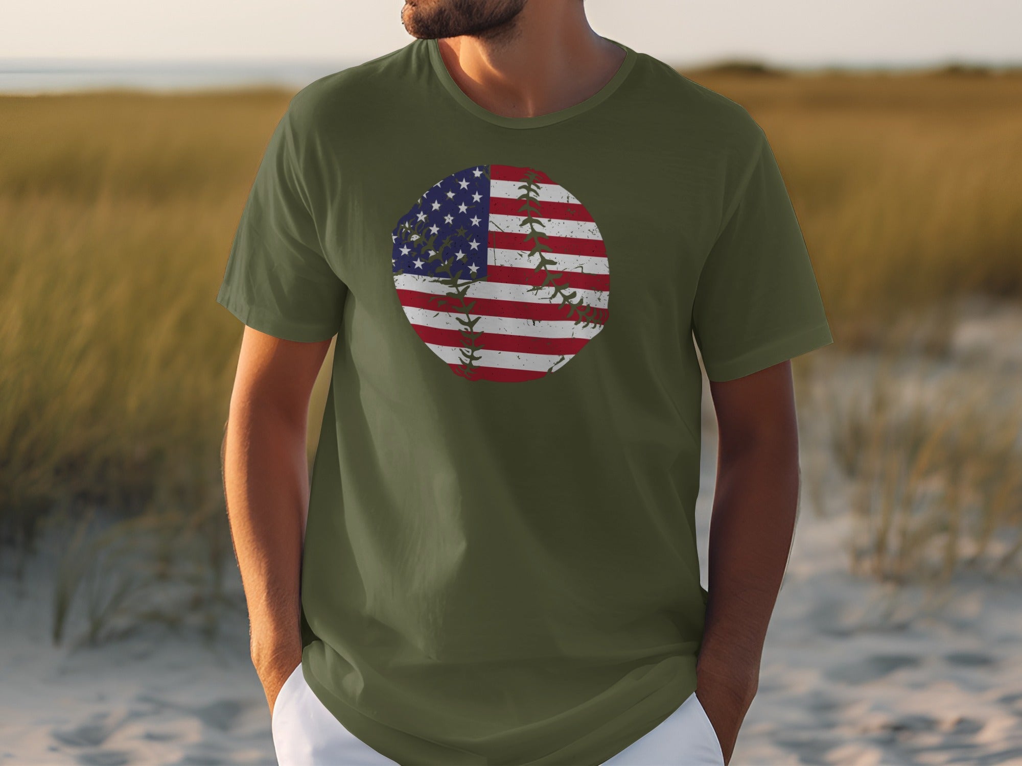 Green t-shirt with distressed American flag baseball graphic.