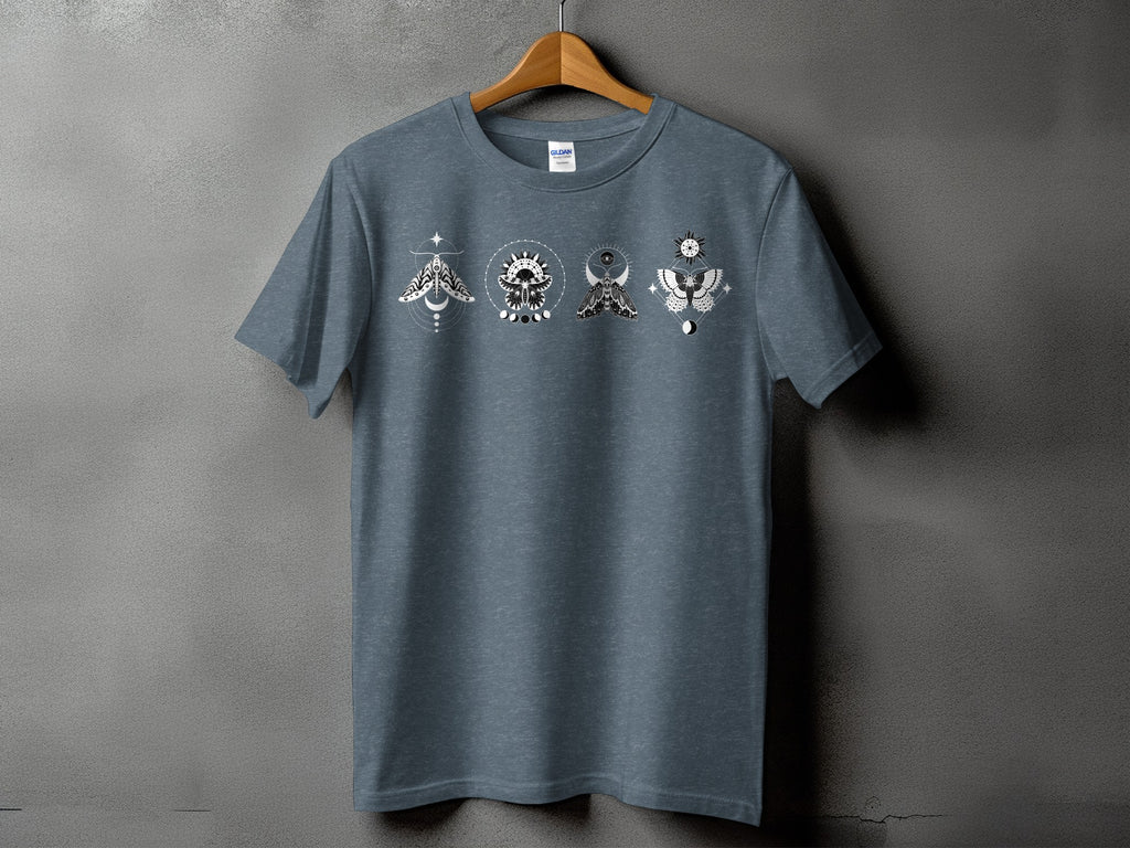 Dark grey t-shirt with four celestial moth and sun designs in white.