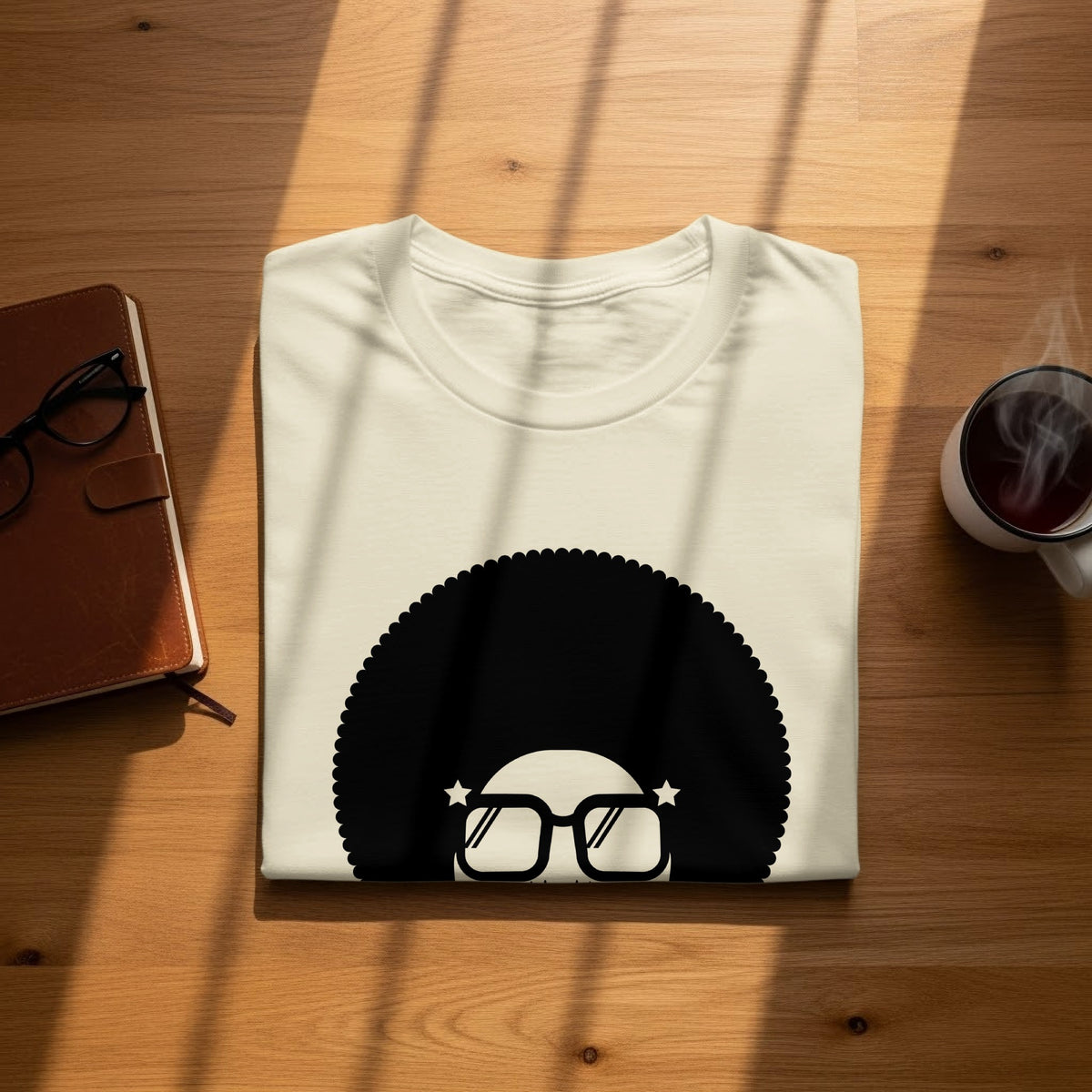Cream t-shirt with a black afro and star-shaped glasses graphic.