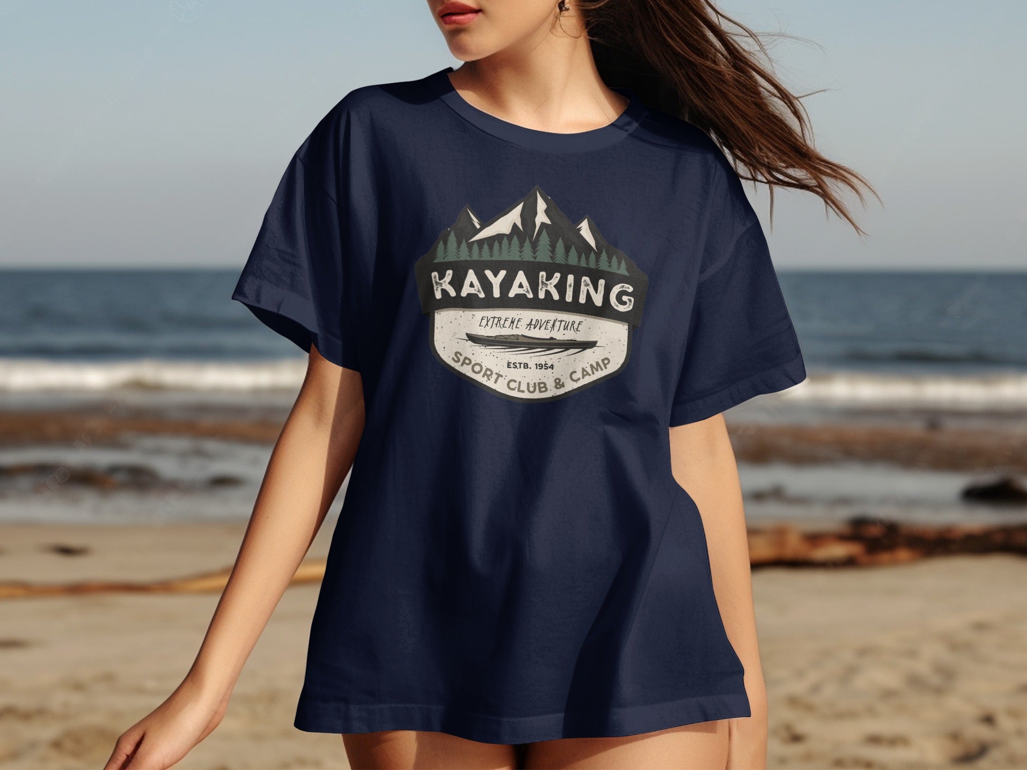 Navy t-shirt with kayaking, extreme adventure, sport club, and camp graphic.