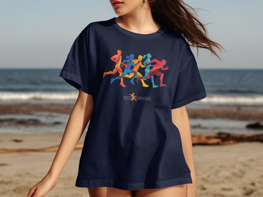 Navy t-shirt with colorful running figures and "KEEP RUNNING" text.