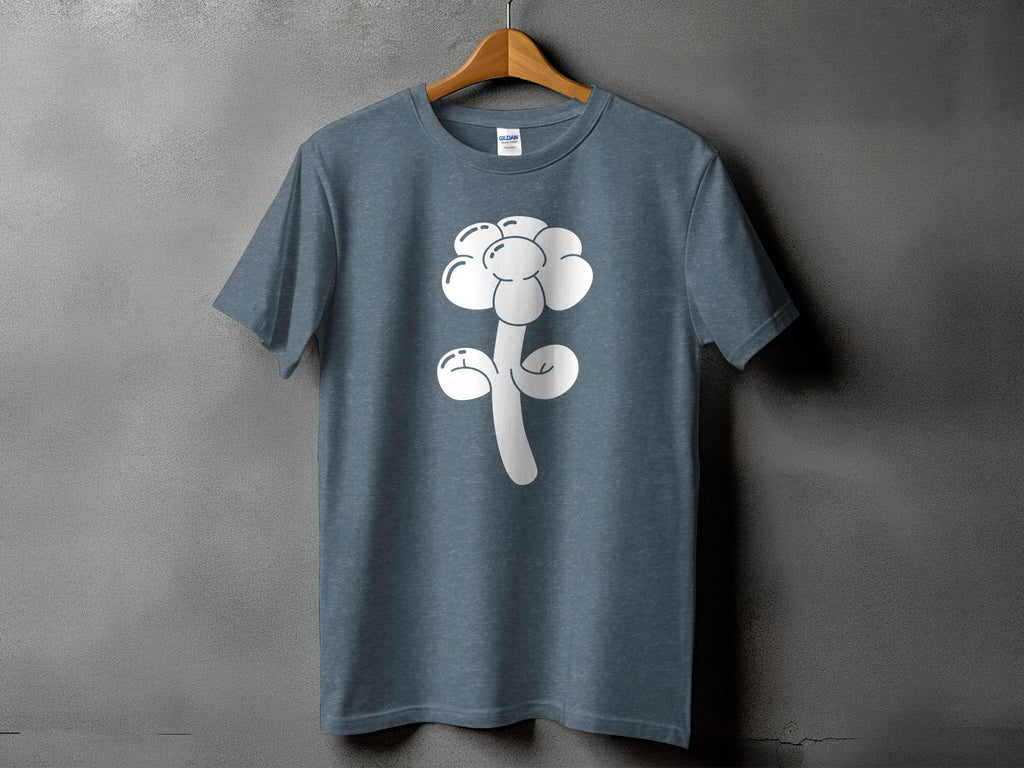 Dark grey t-shirt with a white cartoon flower graphic.