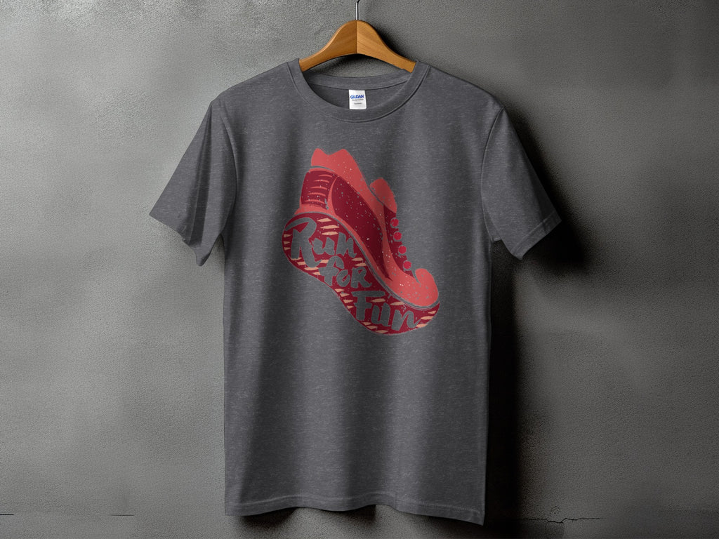 Dark gray t-shirt with a red shoe graphic that says "Run For Fun".