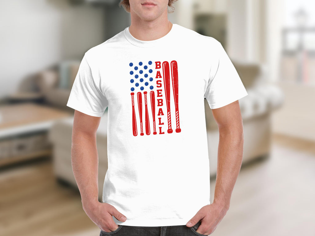 White t-shirt with American flag design made of baseball bats and blue dots, text BASEBALL.