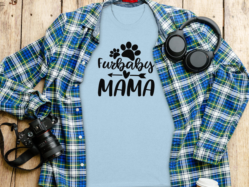 Light blue t-shirt with "Furbaby MAMA" graphic and paw prints.