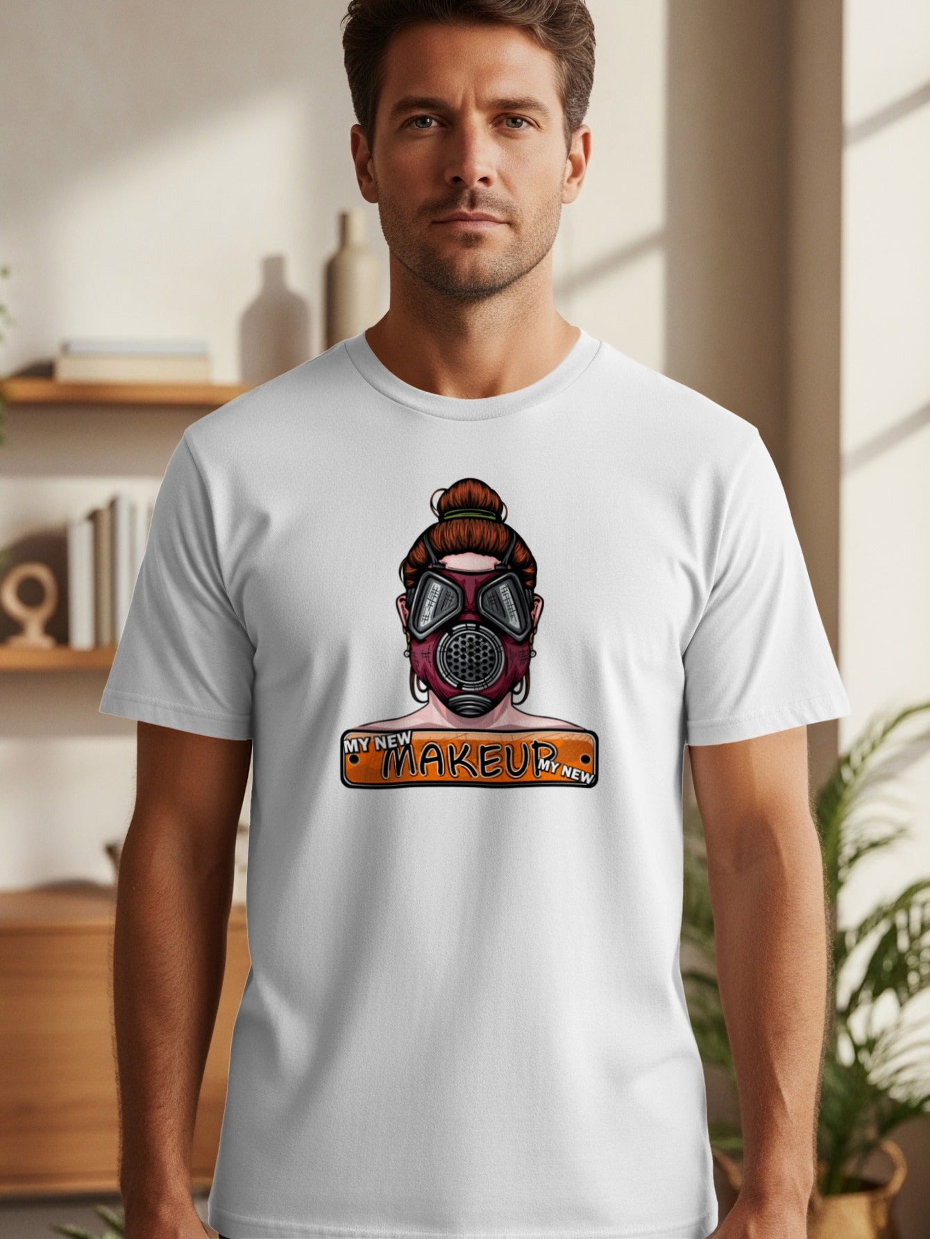 White t-shirt with graphic of person wearing red gas mask and text "MY NEW MAKEUP MY NEW".