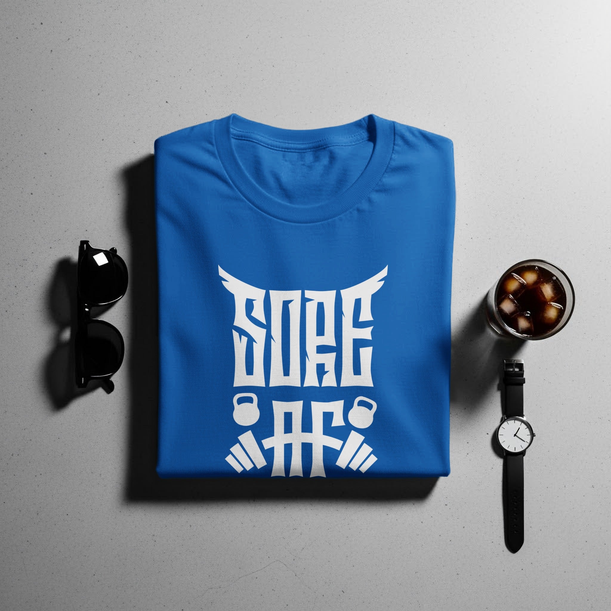 Royal blue t-shirt with white "SORE AF" text and gym icons.
