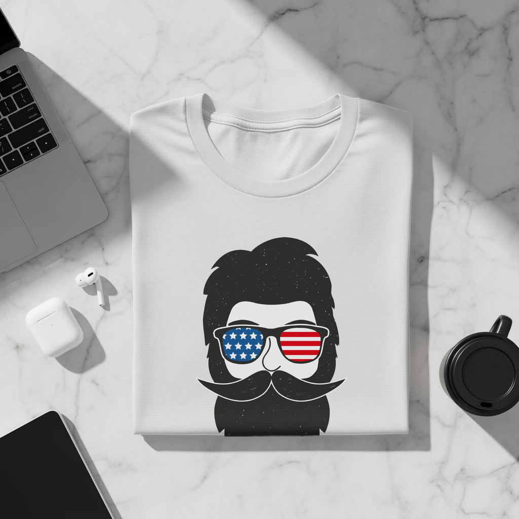 White t-shirt with a graphic of a man with American flag sunglasses and beard.