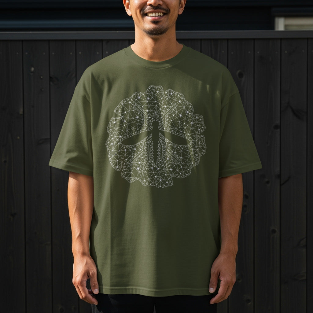Olive green t-shirt with abstract dragonfly design on front.