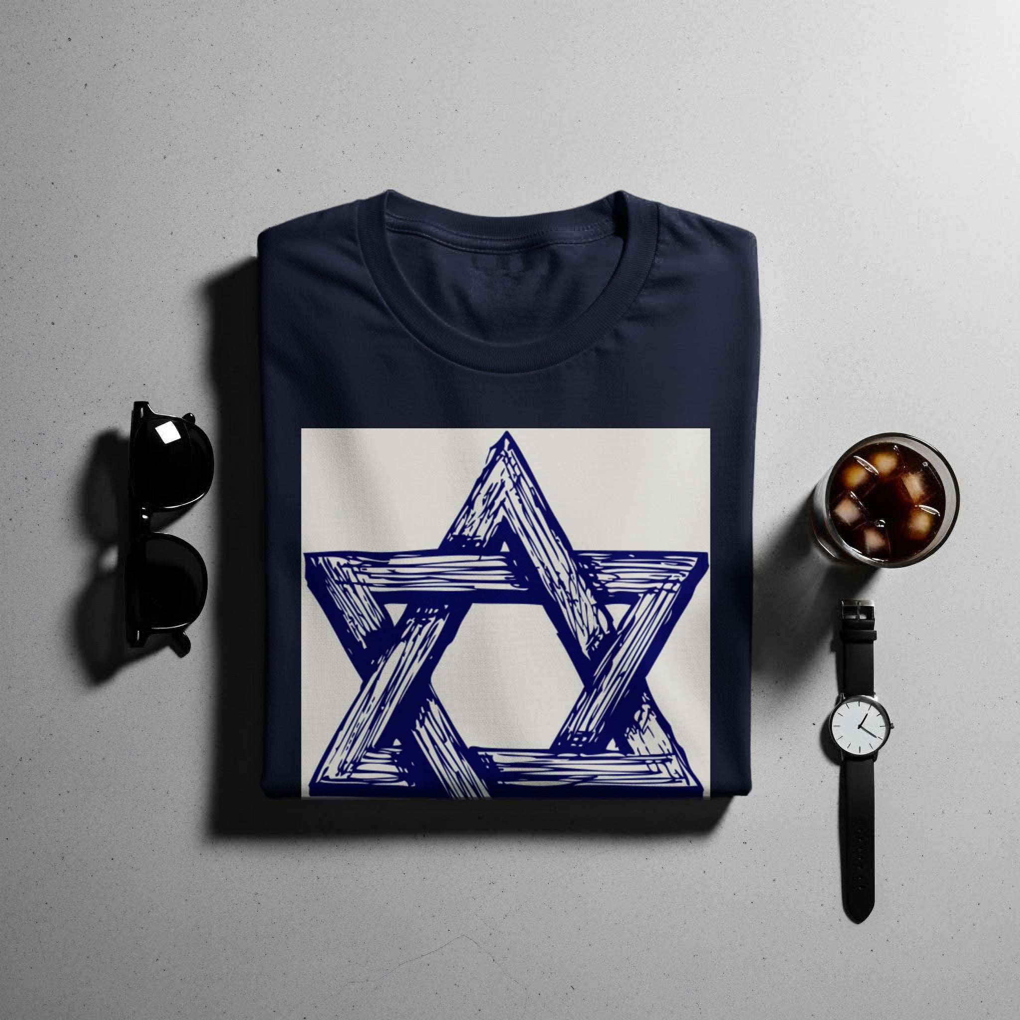 Navy t-shirt with a blue sketched Star of David design.