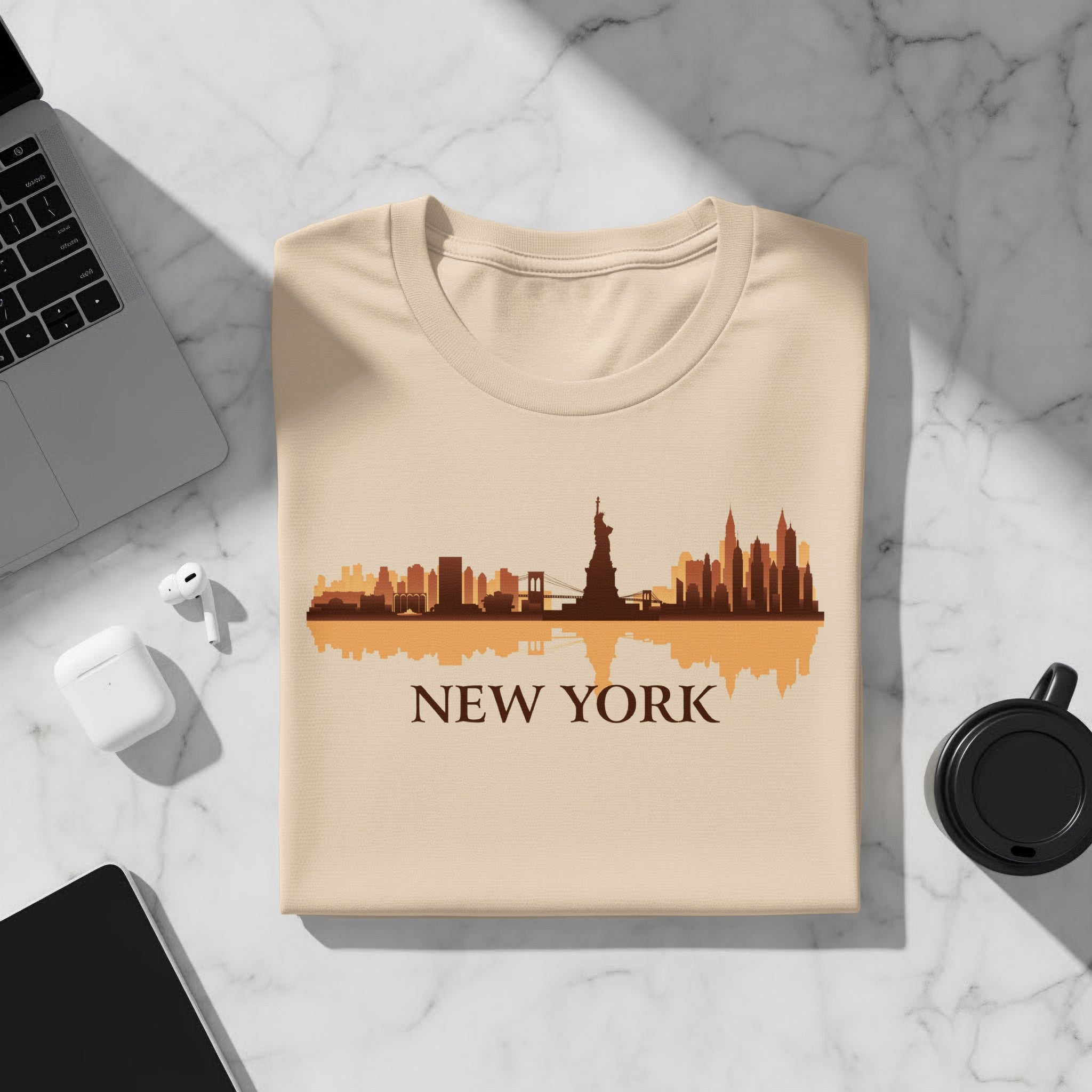 Beige t-shirt with New York skyline graphic and text.