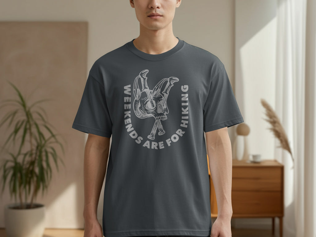 Dark gray t-shirt with a skull, crossed hiking poles, and text, "Weekends are for Hiking".