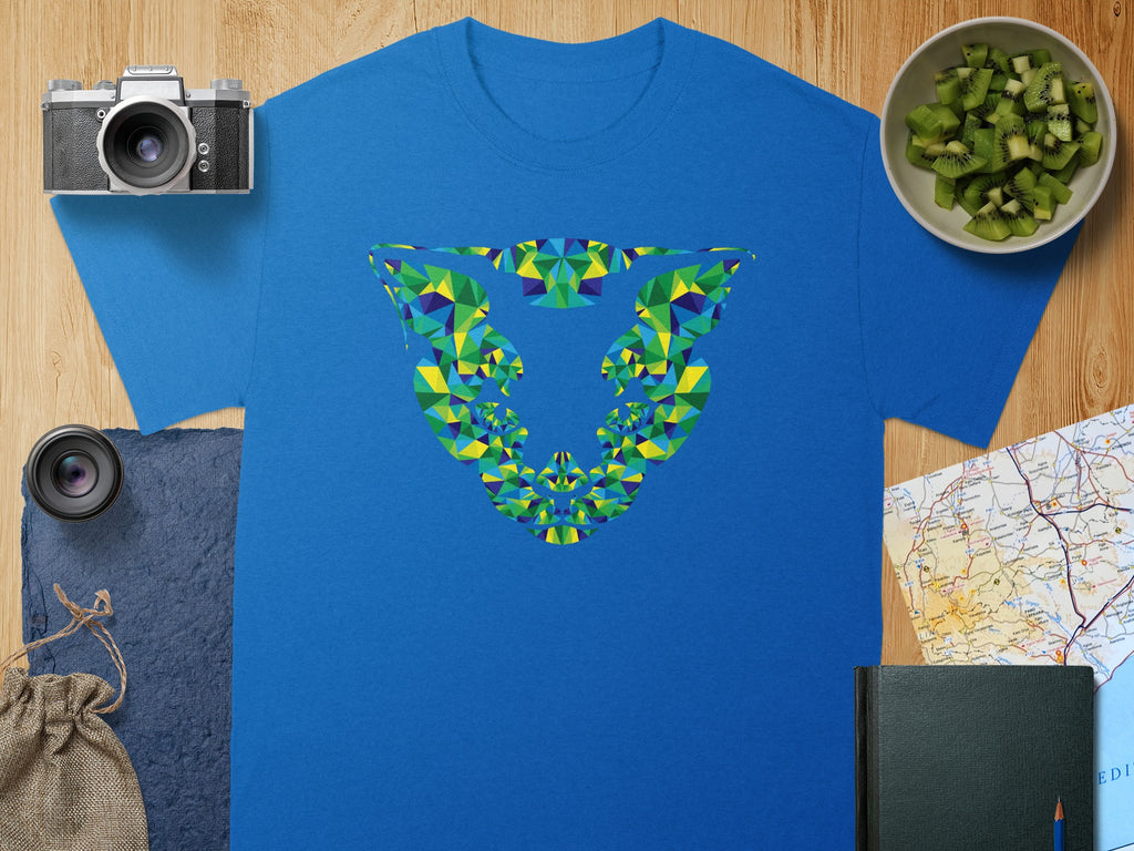 Blue t-shirt with a colorful geometric animal logo on the front