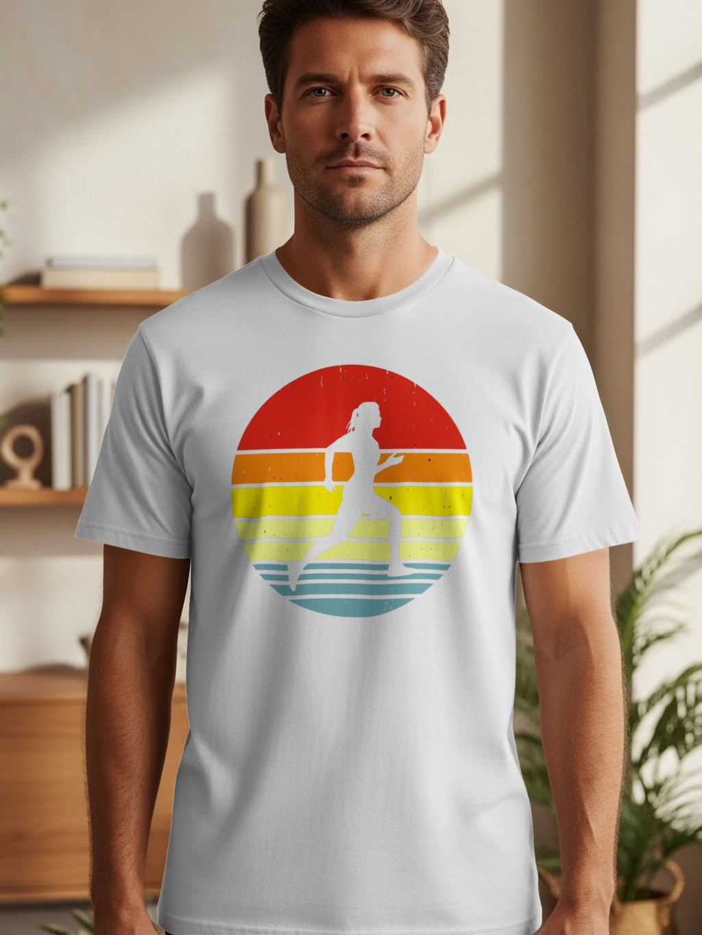 White t-shirt with a running woman in a retro sunset circle graphic.