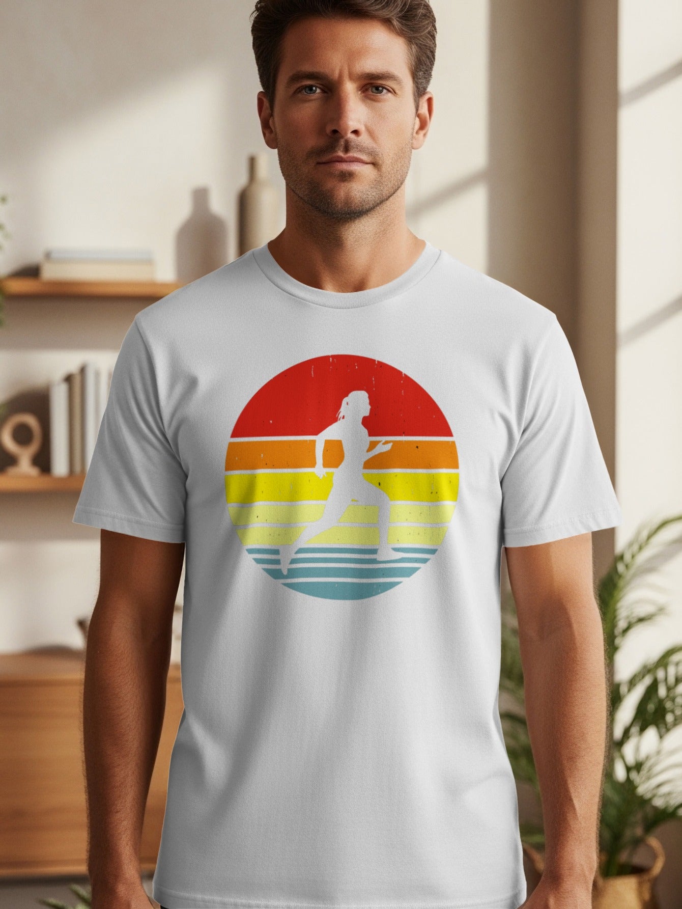 White t-shirt with a running woman in a retro sunset circle graphic.