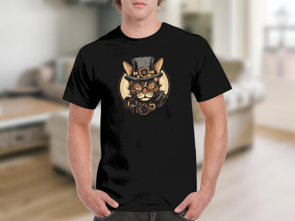 Steampunk cat with top hat and goggles printed on a black t-shirt.