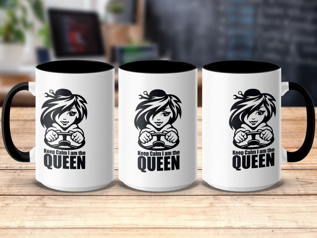 Three white mugs with black rims and handles, each with a black graphic and text.