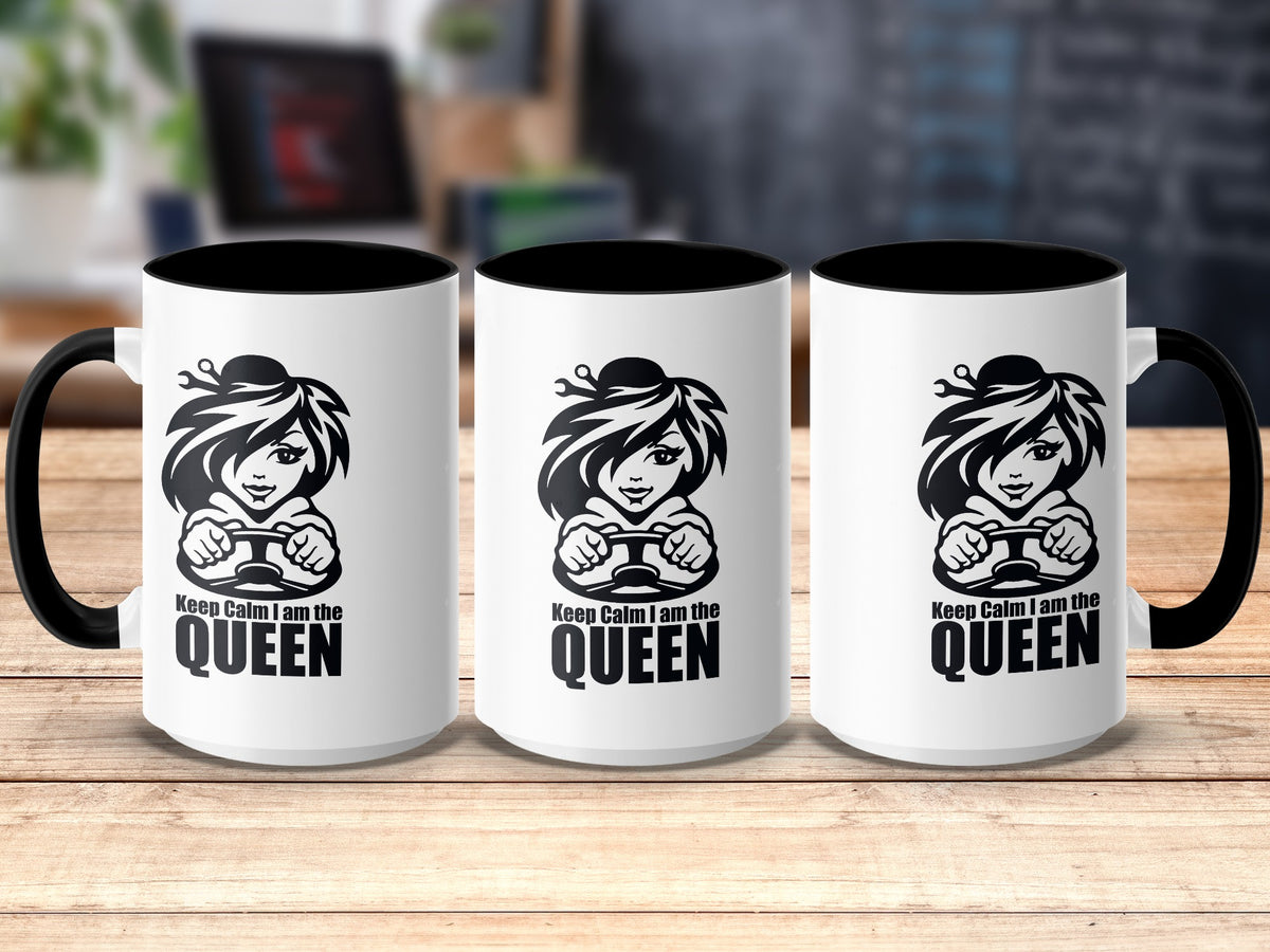 Three white mugs with black rims and handles, each with a black graphic and text.