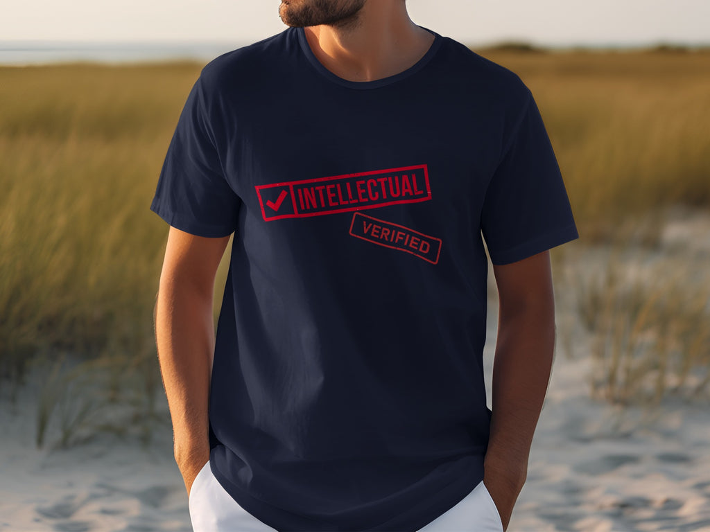 Navy t-shirt with "Intellectual Verified" red stamp design.