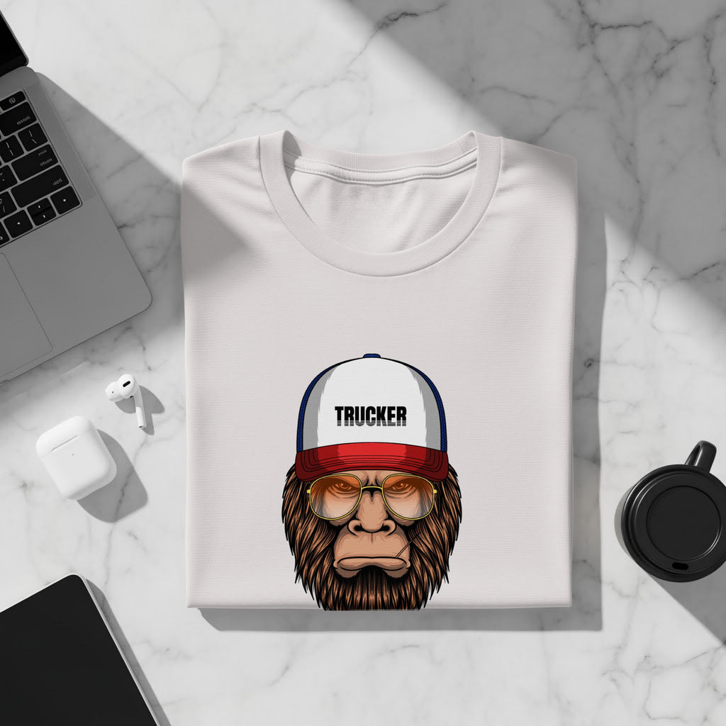 White t-shirt with print of a gorilla wearing a trucker hat and glasses.