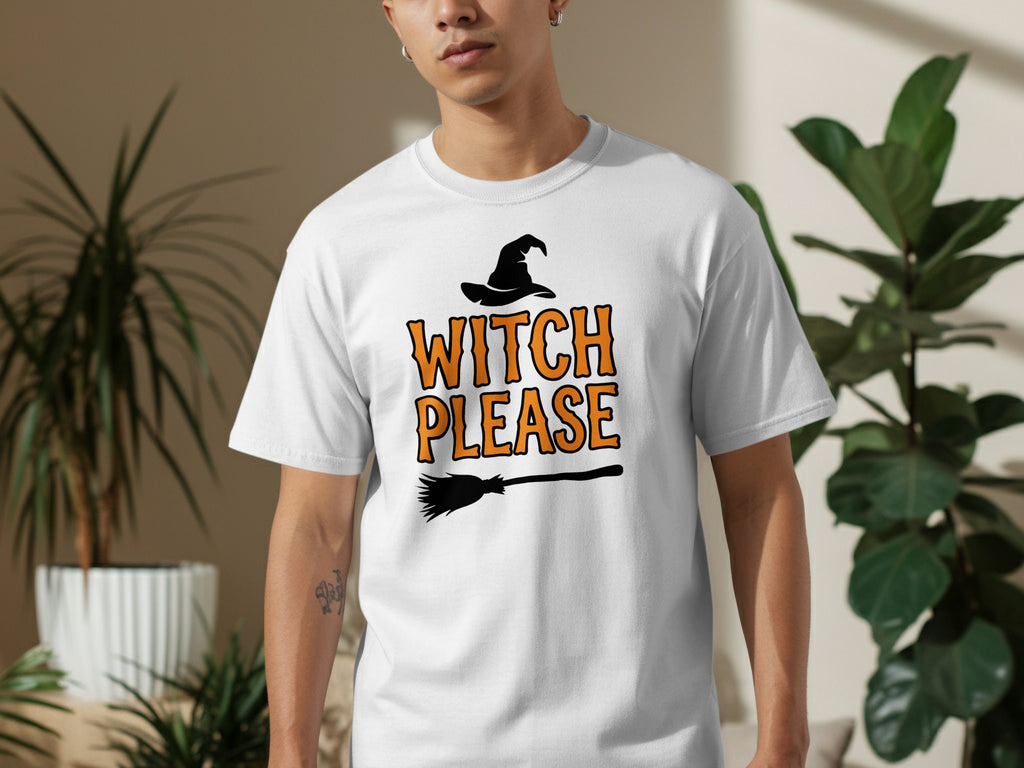 White t-shirt with black witch hat, broom, and Halloween text "WITCH PLEASE".