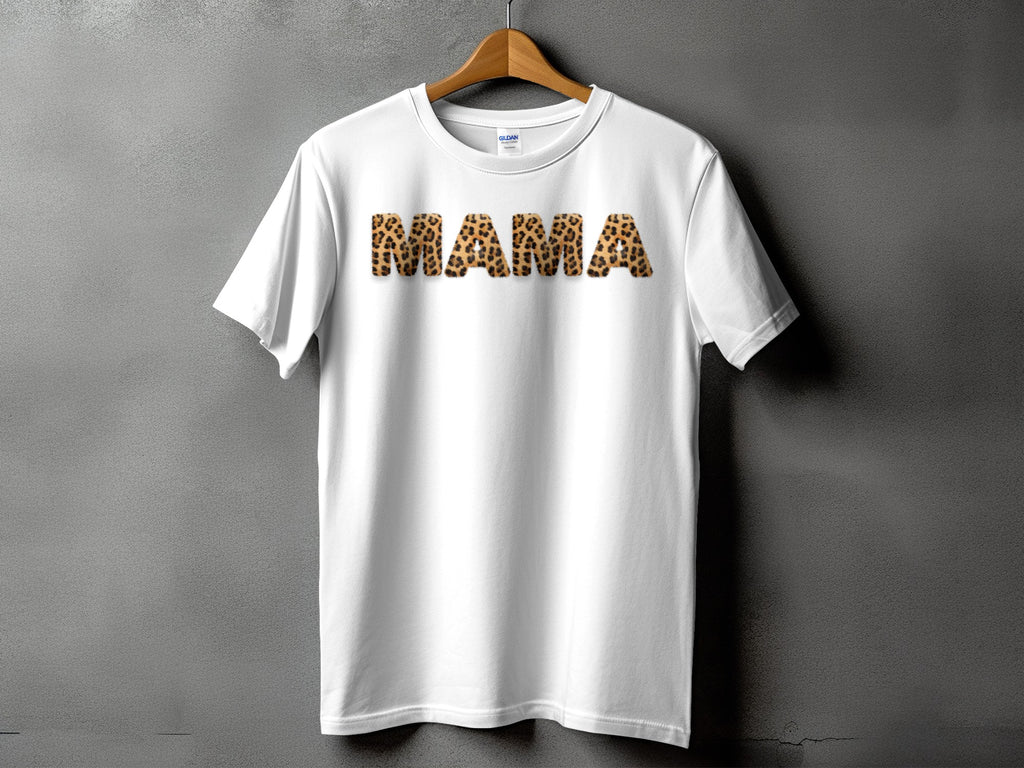 White t-shirt with "MAMA" in leopard print font.