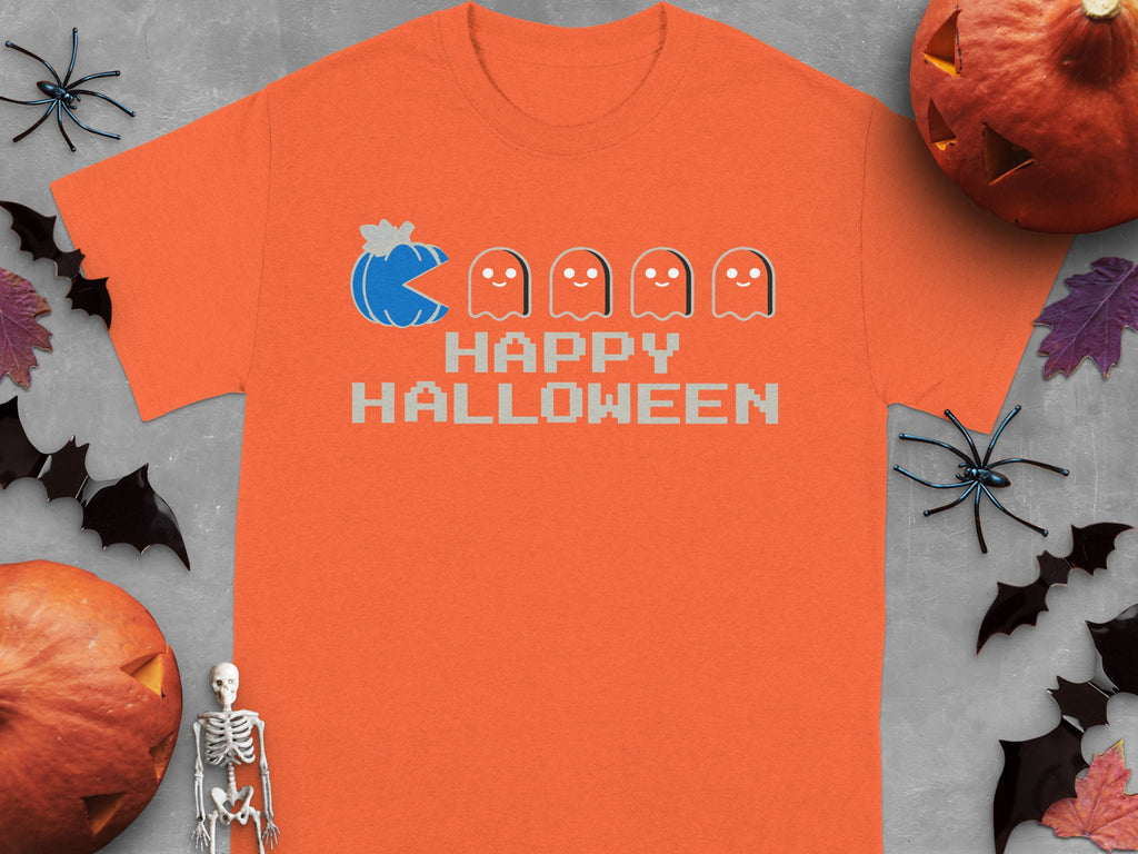 Orange t-shirt with pixelated pumpkin, ghosts, and "Happy Halloween" text.