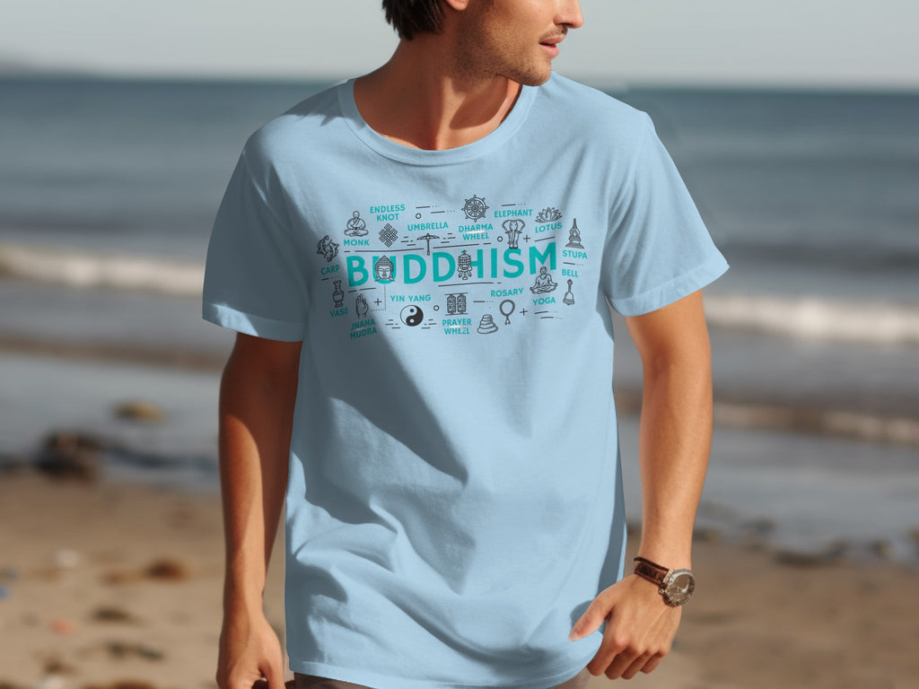 Light blue t-shirt with "BUDDHISM" text and associated icons in turquoise.