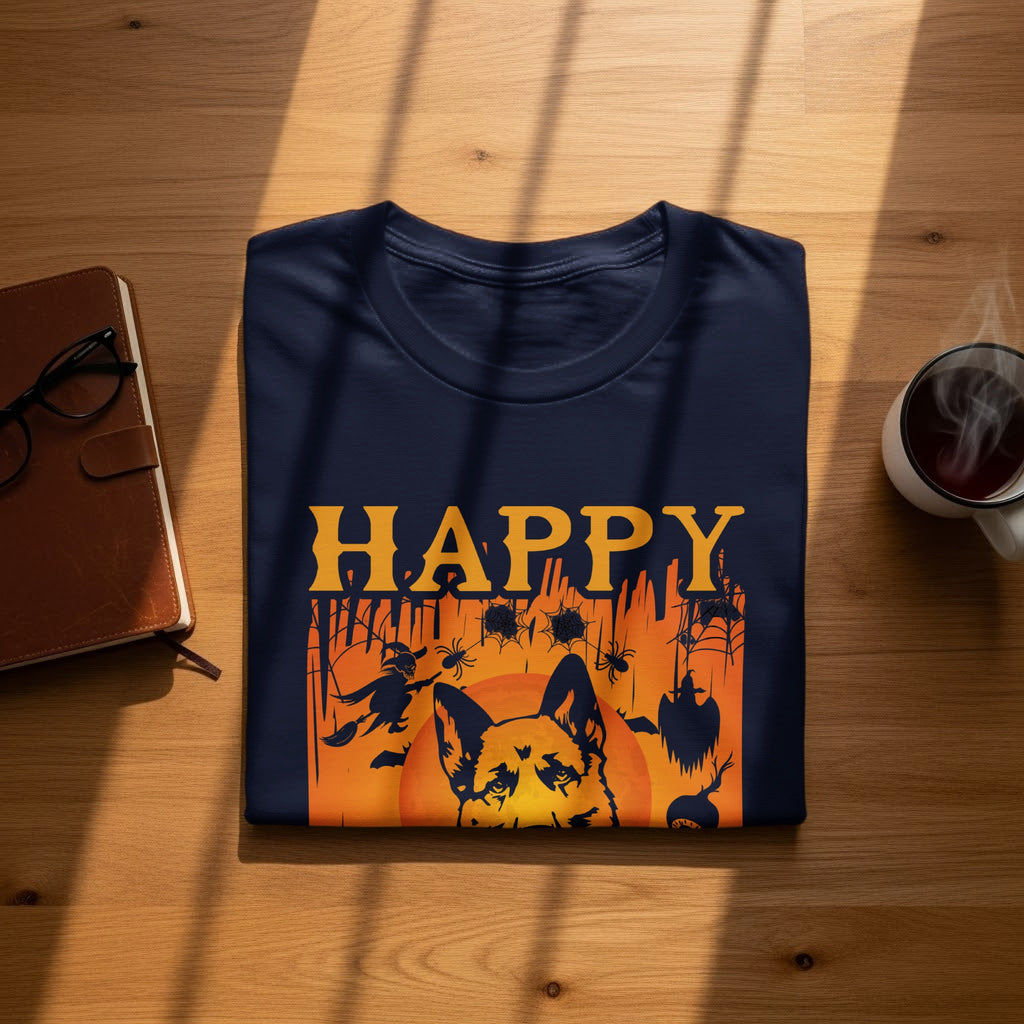 Navy t-shirt with "HAPPY" text and German Shepherd Halloween graphic.