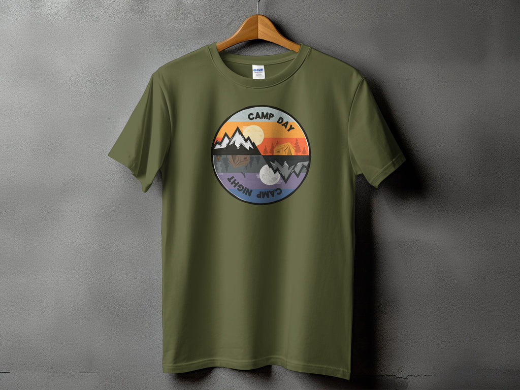 Olive green t-shirt with round graphic of camping day and night scenes.