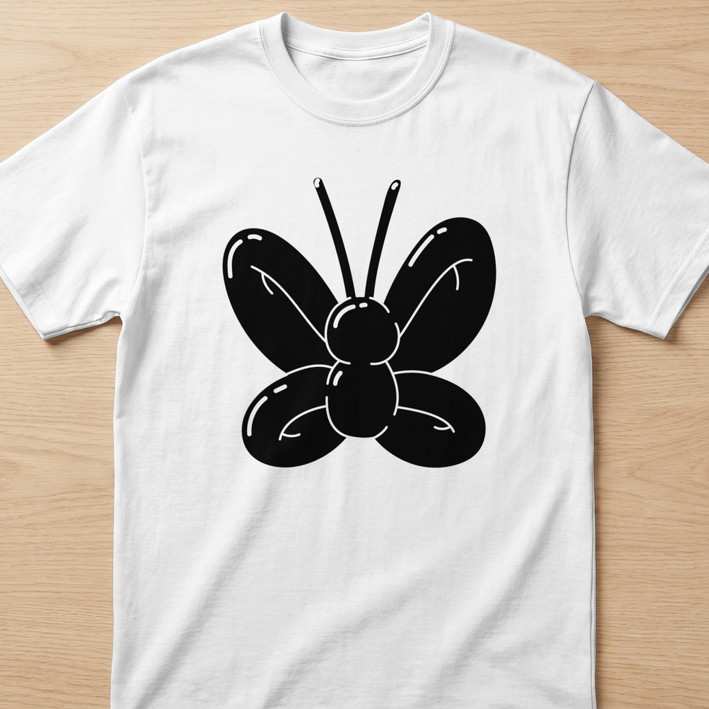 Black balloon butterfly graphic on a white t-shirt.