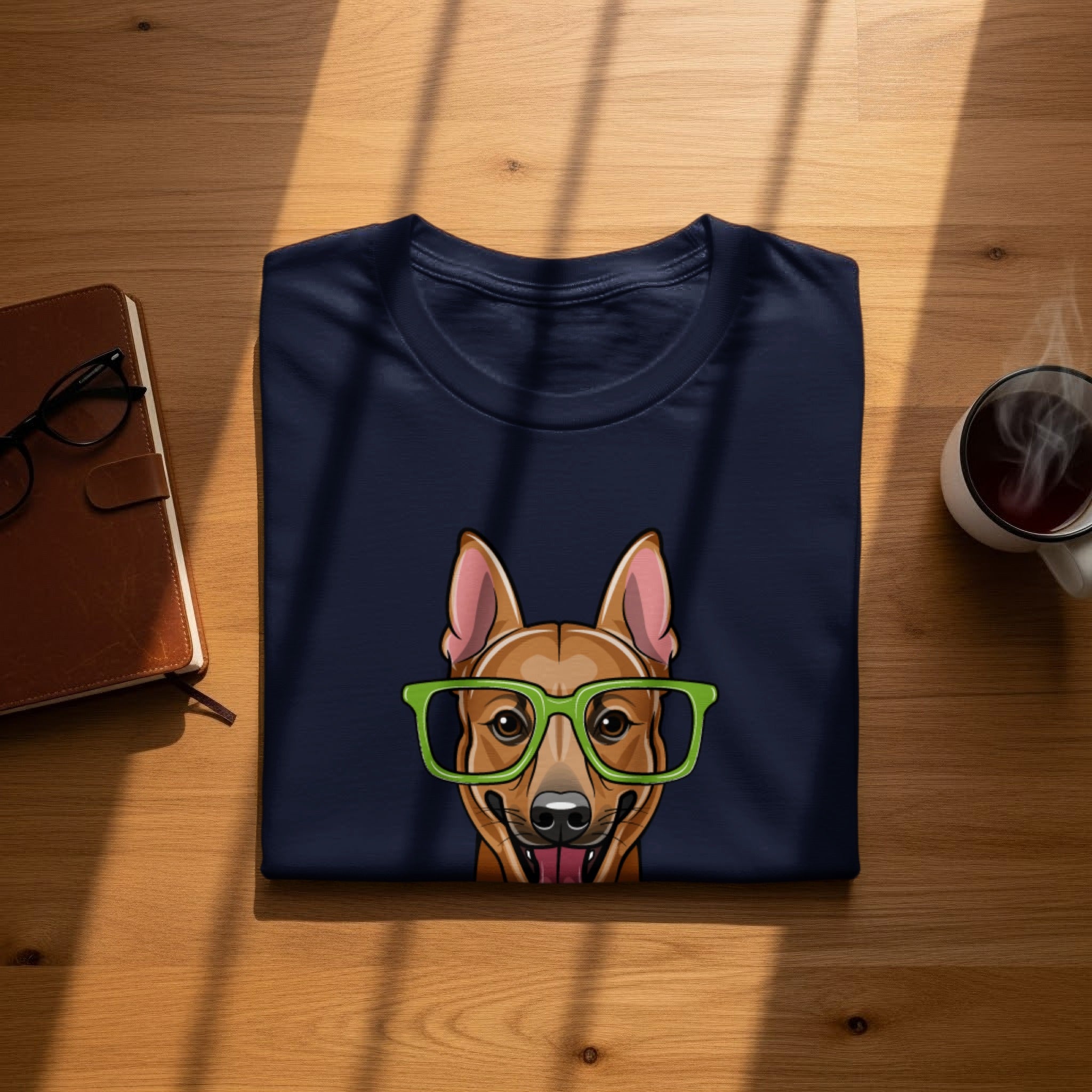 Navy t-shirt with a cartoon fox wearing green glasses.