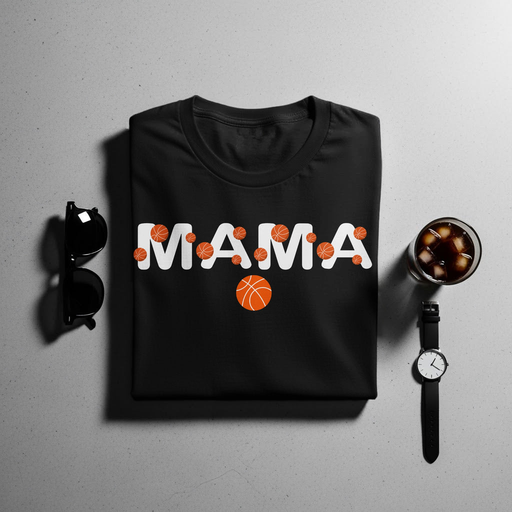 Black t-shirt with "MAMA" text and basketball graphics.