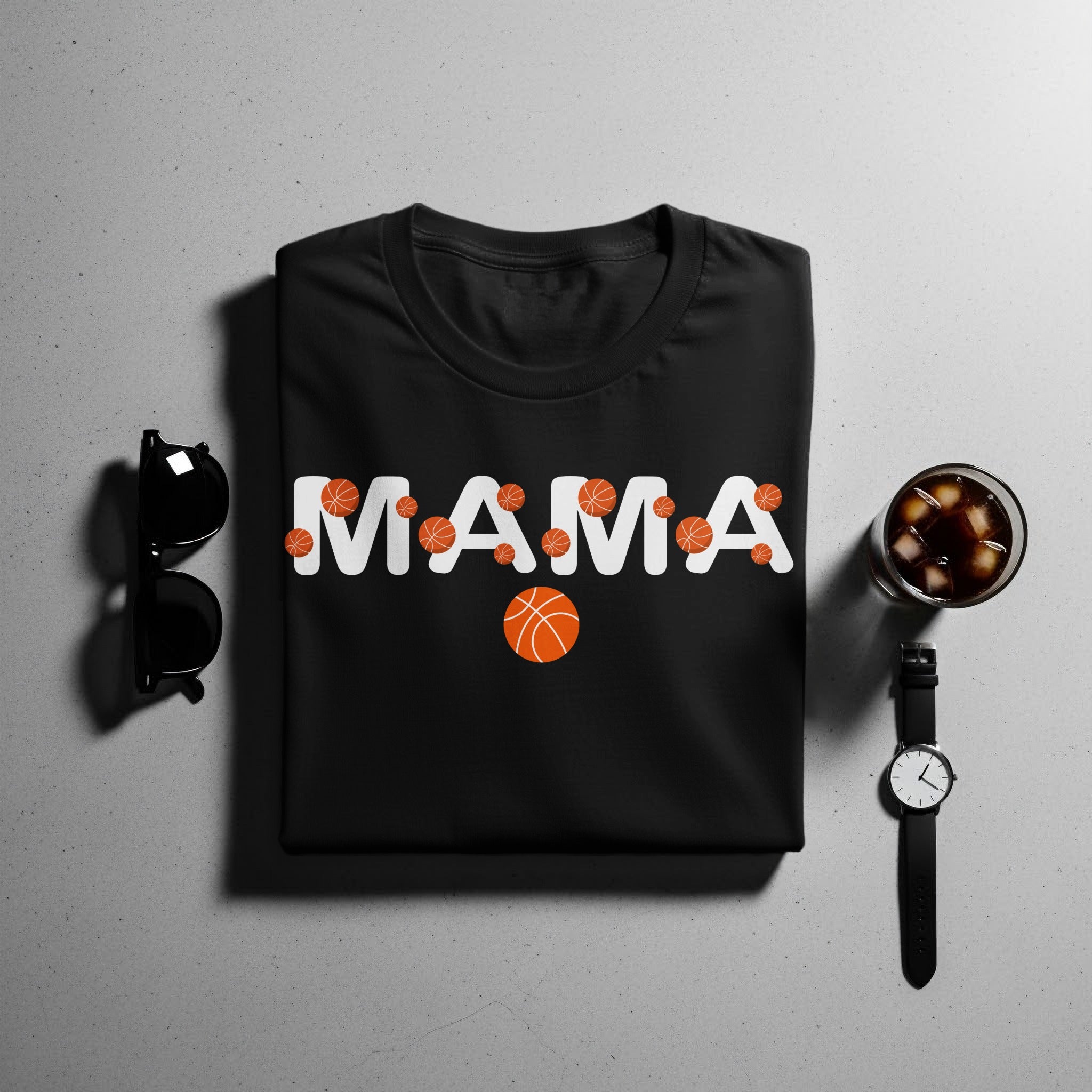 Black t-shirt with "MAMA" text and basketball graphics.