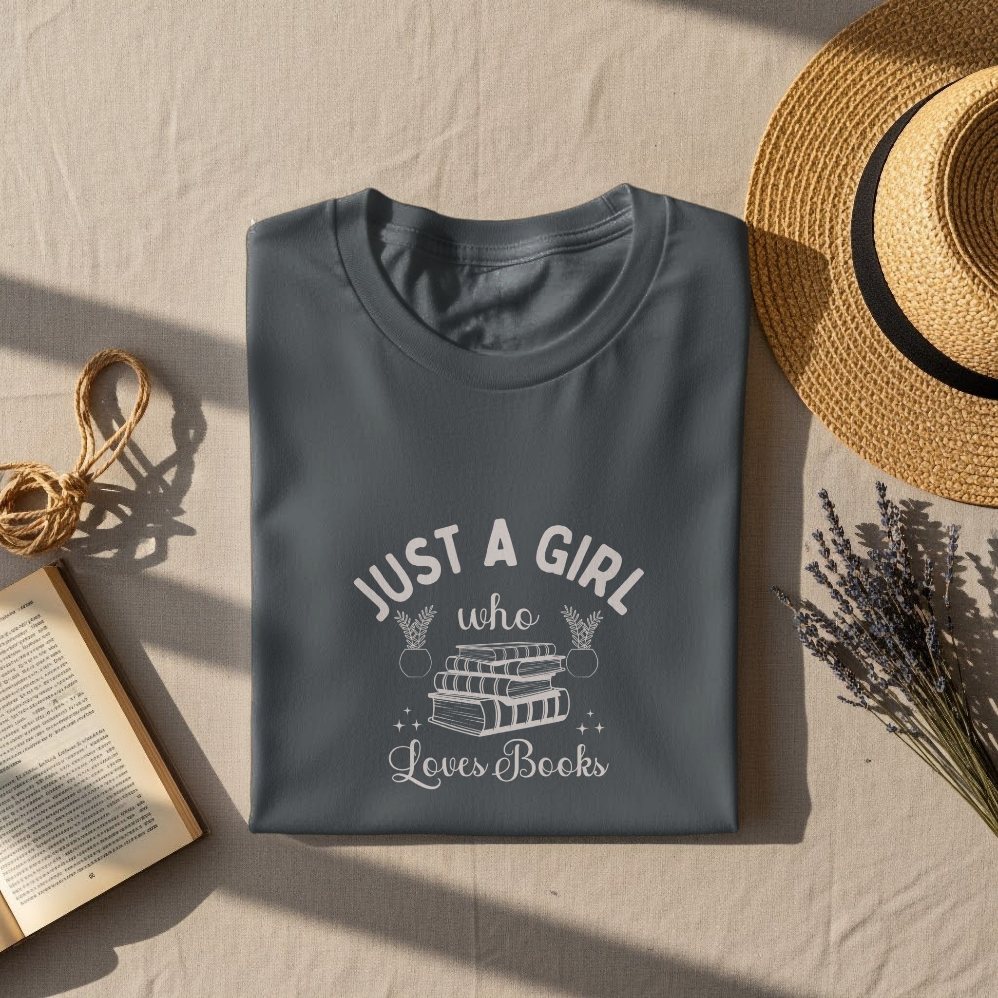 Gray t-shirt with "Just a Girl Who Loves Books" graphic and book illustration.