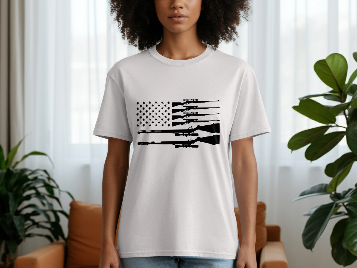 White t-shirt with black silhouette of rifles forming an American flag design.