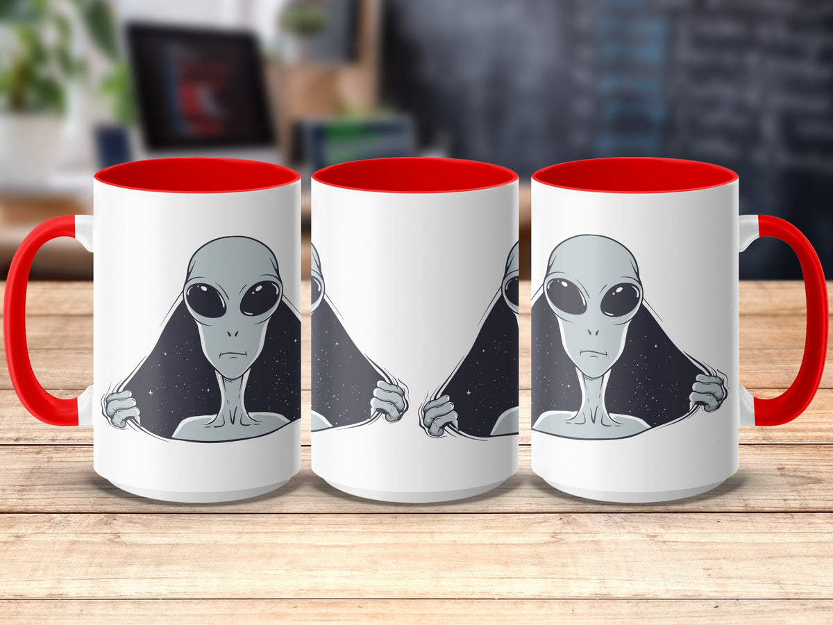 Three white mugs with red interiors and handles, featuring an alien peeking through a starry background.