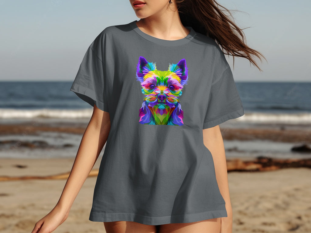 Dark grey t-shirt featuring a colorful geometric dog face with purple and green ears.