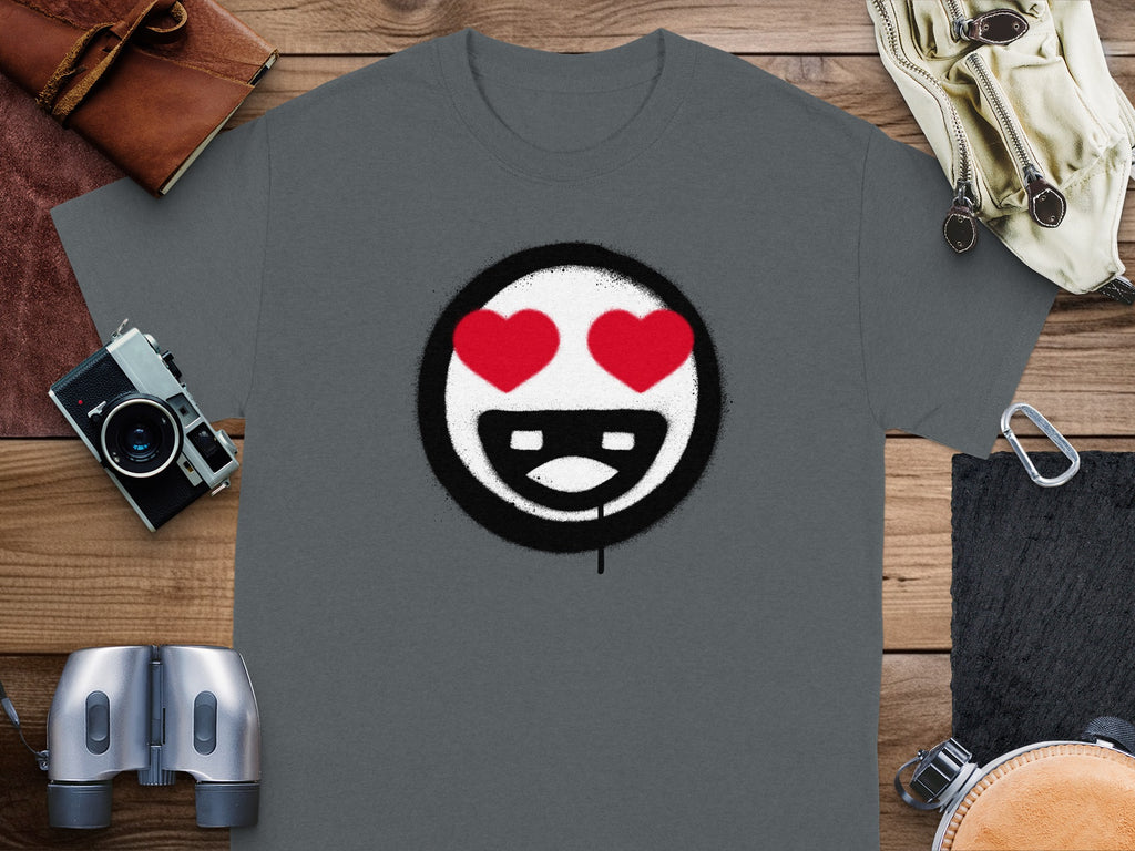 Dark grey t-shirt with a white smiley face and red heart eyes graphic.
