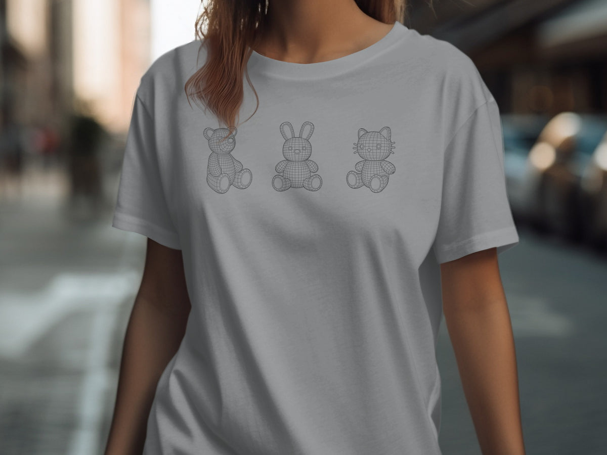 Gray t-shirt with wireframe teddy bear, bunny, and cat graphics.