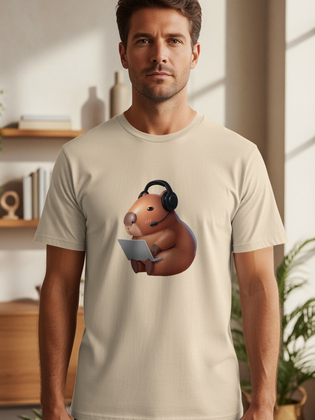 A cute capybara character with headset and laptop printed on a beige t-shirt.