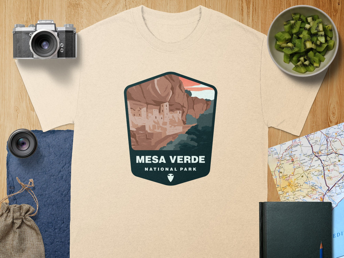 Beige t-shirt with Mesa Verde National Park logo featuring cliff dwellings.
