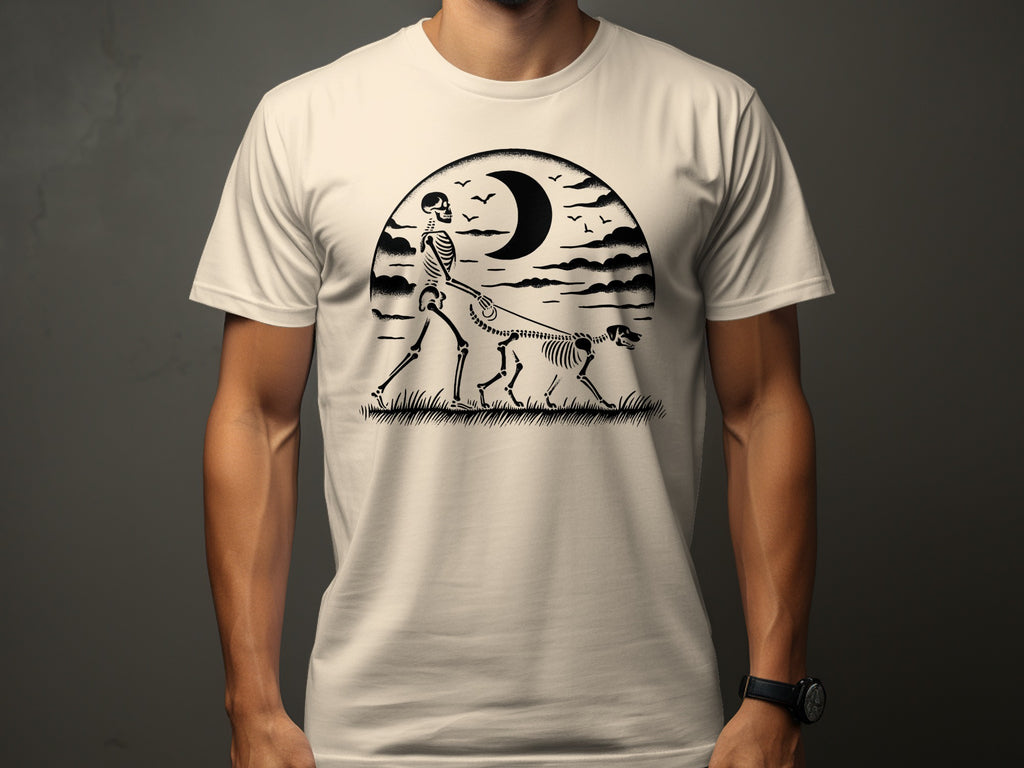 Skeleton walking a skeleton dog under a crescent moon and clouds.