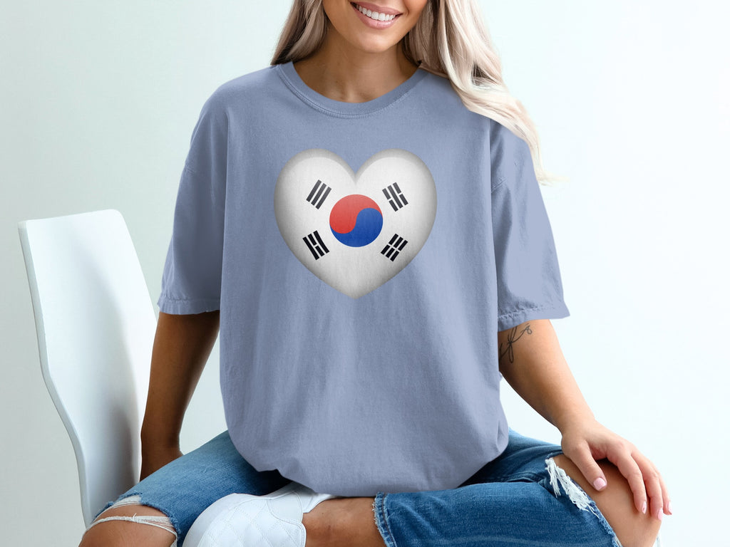 T-shirt with heart-shaped South Korean flag graphic.
