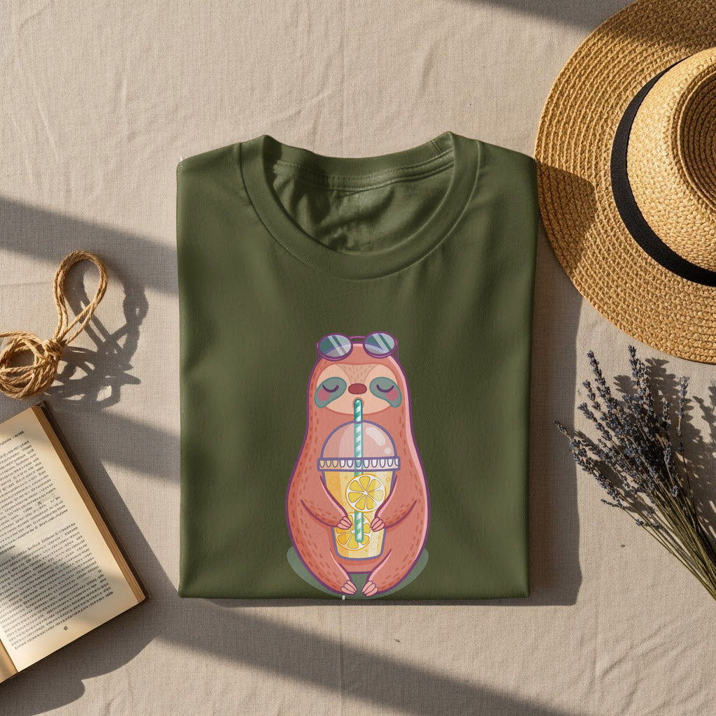 Green t-shirt with a cartoon sloth wearing sunglasses drinking lemonade.