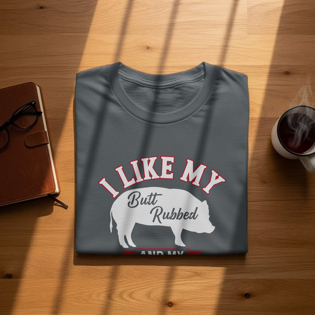 Gray t-shirt with white pig graphic and red text "I Like My Butt Rubbed".