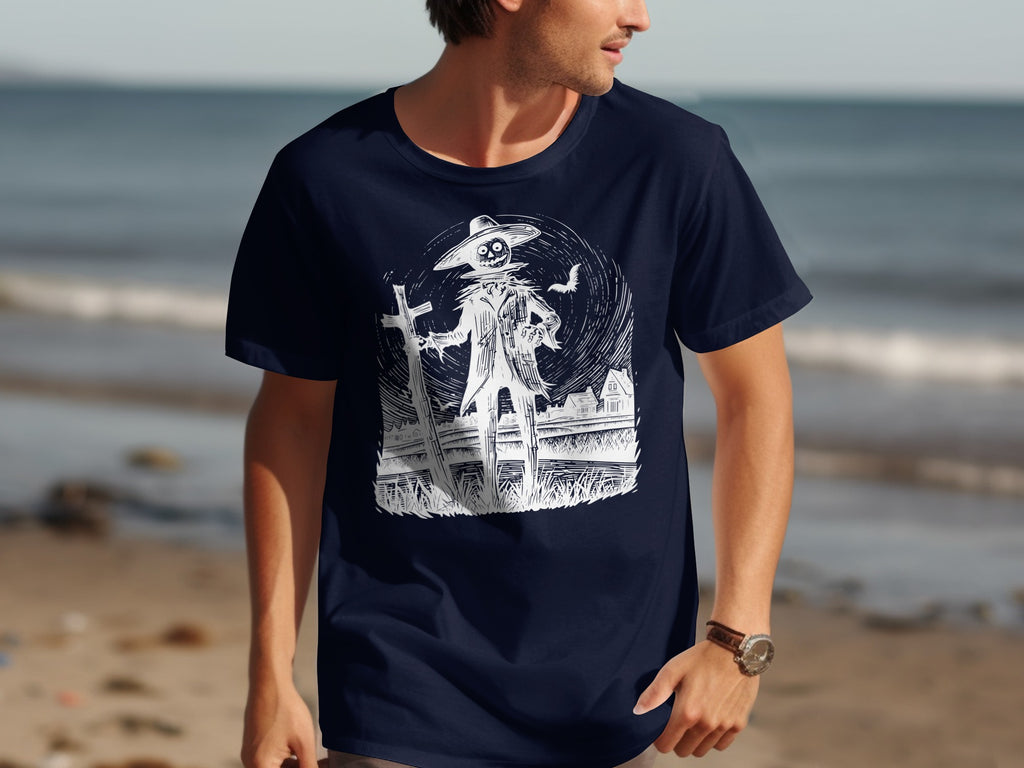 Navy t-shirt with a white line drawing of a scarecrow, cross, and houses on a beach.