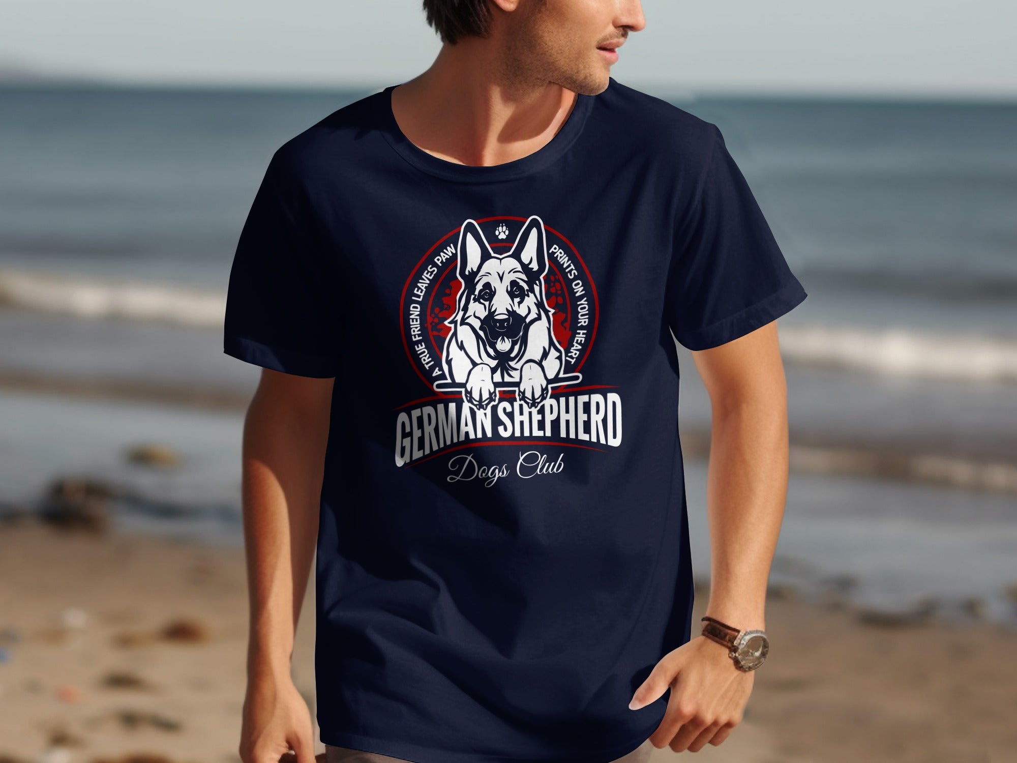 Navy t-shirt with a graphic of a German Shepherd and "German Shepherd Dogs Club" text.