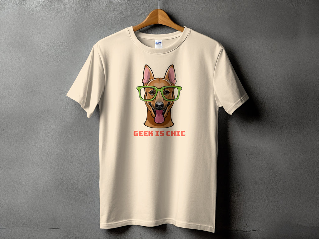 T-shirt with cartoon dog wearing green glasses and text "GEEK IS CHIC"