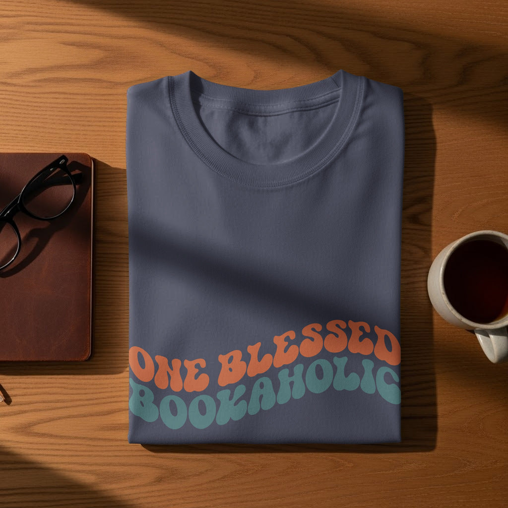 Navy t-shirt with "One Blessed Bookaholic" text in orange and teal wavy font.